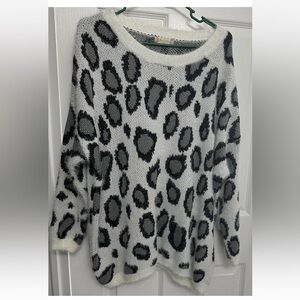 Altar'd State Gray and White Crew Neck Sweater Leopard Print Size M/L